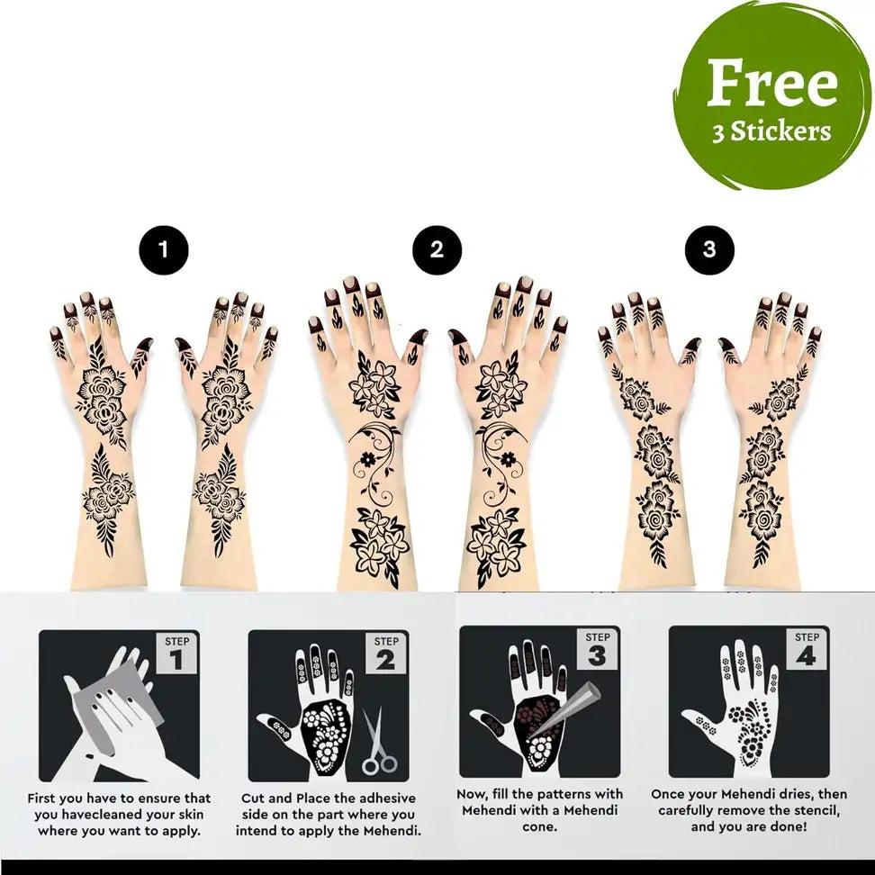 CareOne Gallery Instant Henna Mehendi Cone Black | With Set of 3 Full Hand Stickers/Stencils Natural Mehendi (Pack of 12)