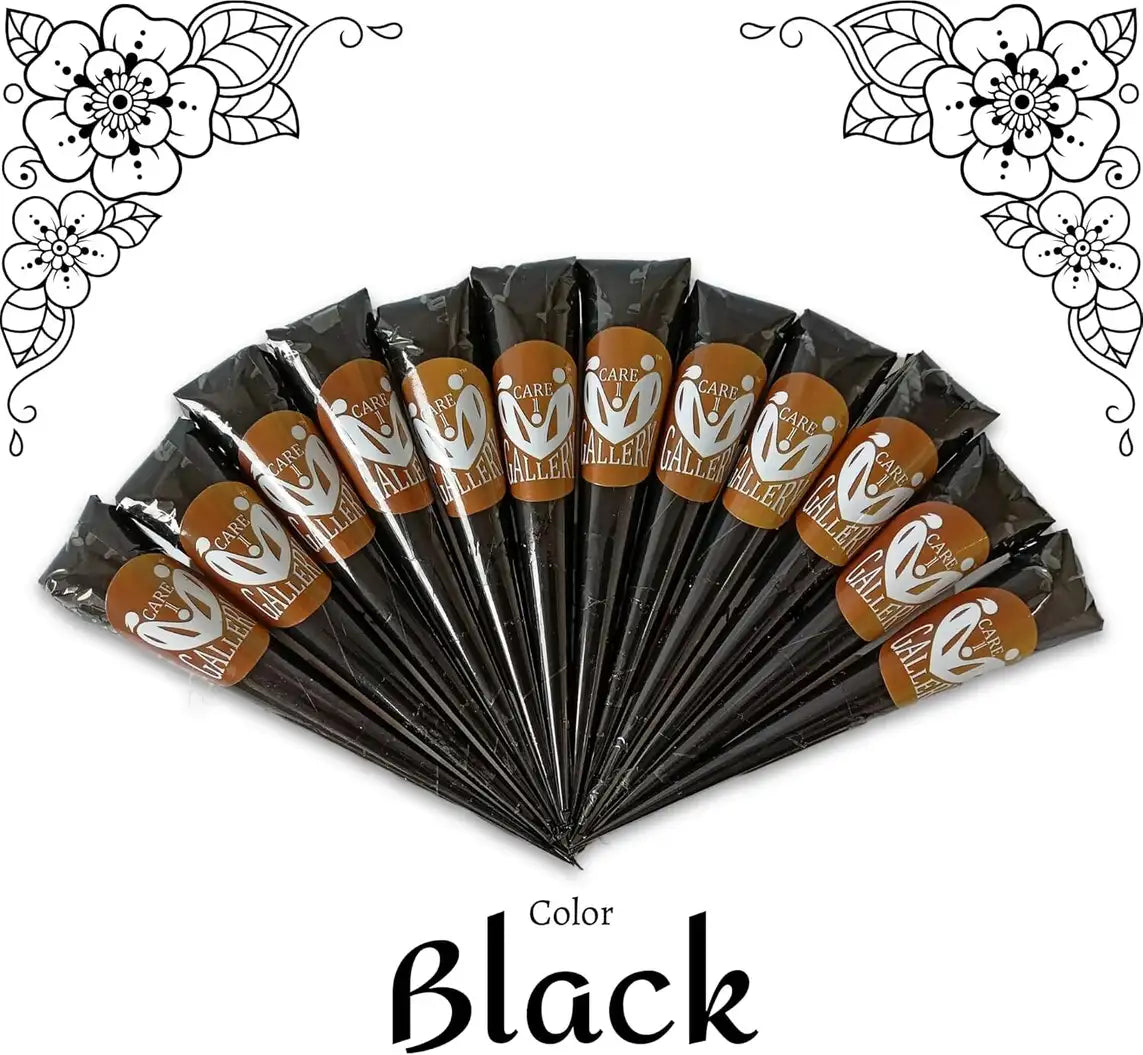 CareOne Gallery Instant Henna Mehendi Cone Black | With Set of 3 Full Hand Stickers/Stencils Natural Mehendi (Pack of 12)