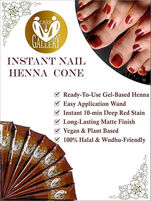 CareOne Gallery Instant Henna Paste Mehendi Cone | Vegan & Halal Nail Polish Cone For Women | Without Chemicals | Long Lasting | Ready To Use Dark Brown Colour Stain | Pack of 12 Pieces 120 Gms|
