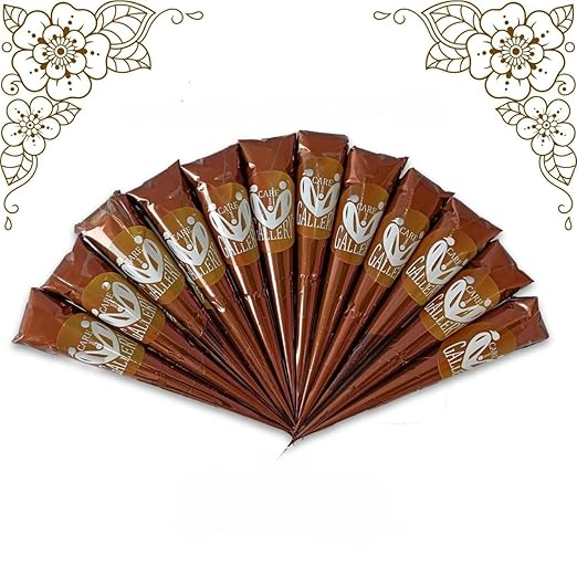 CareOne Gallery Instant Henna Paste Mehendi Cone | Vegan & Halal Nail Polish Cone For Women | Without Chemicals | Long Lasting | Ready To Use Dark Brown Colour Stain | Pack of 12 Pieces 120 Gms|