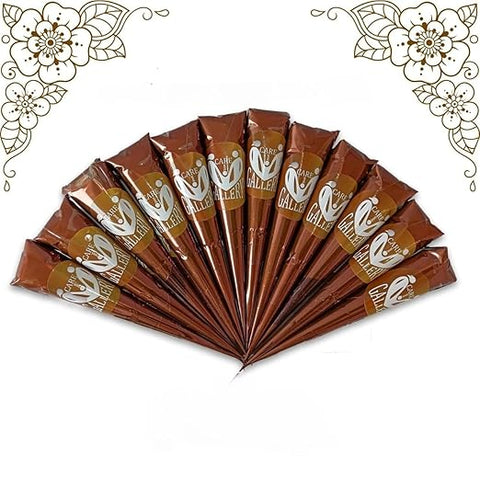 CareOne Gallery Instant Henna Paste Mehendi Cone | Vegan & Halal Nail Polish Cone For Women | Without Chemicals | Long Lasting | Ready To Use Dark Brown Colour Stain | Pack of 12 Pieces 120 Gms|