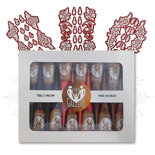 CareOne Gallery Instant Henna Paste Mehendi Cone | with Set of 3 Full Hand Stickers/Stencils | Without Chemicals | Long Lasting | Pack of 12 Pieces | Mix