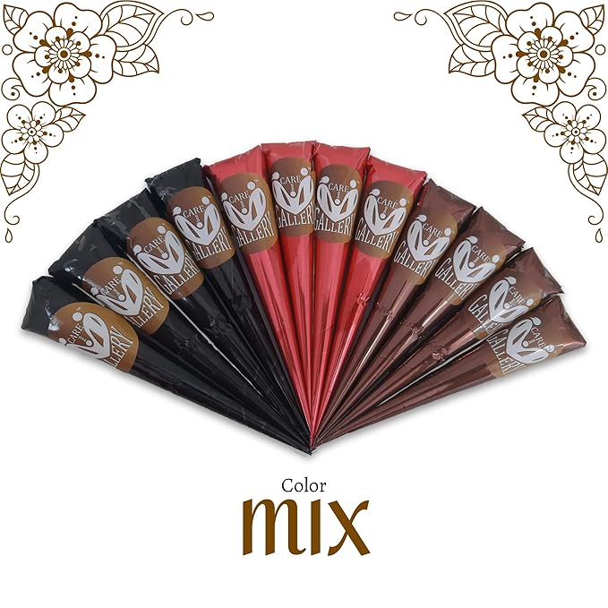 CareOne Gallery Instant Henna Paste Mehendi Cone | with Set of 3 Full Hand Stickers/Stencils | Without Chemicals | Long Lasting | Pack of 12 Pieces | Mix