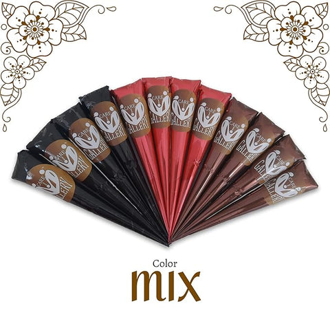 CareOne Gallery Instant Henna Paste Mehendi Cone | with Set of 3 Full Hand Stickers/Stencils | Without Chemicals | Long Lasting | Pack of 12 Pieces | Mix