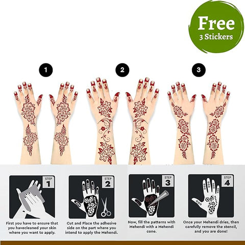 CareOne Gallery Instant Henna Paste Mehendi Cone | with Set of 3 Full Hand Stickers/Stencils | Without Chemicals | Long Lasting | Pack of 12 Pieces | Mix