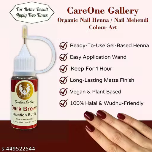 CareOne Gallery Instant Nail Injection Henna Paste Mehendi Bottle | Vegan & Halal Nail Polish For Women & Girls | Without Chemicals | Long Lasting | Ready To Use Dark Brown Colour Stain |